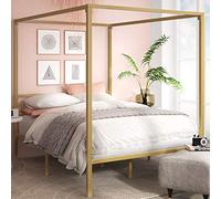 Zinus Patricia Cama 150x190 cm - Altura 36 cm con almacenamiento bajo la cama - Somier con dosel de metal y soporte de lamas de acero - Oro