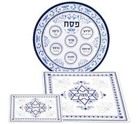 Zion Judaica - Elegante juego de platos de seder de pesaj, diseño renacentista, bandeja de seder de 30,5 cm, melamina sin BPA, cubierta de matzá de 38 cm y bolsa Afikomen, se adapta a matzos redondos