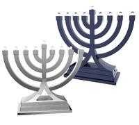 Zion Judaica - Juego de mini menorás eléctricas con batería LED o USB Minorah On-The-Go con múltiples ajustes de luz, batería Hanukkah, menorah azul y plateado, menorot pequeño para decoración de
