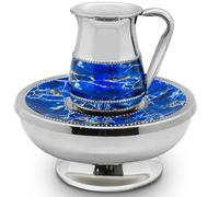 Zion Judaica - Juego grande de Mayim Achronim para lavar las manos, aluminio con calcomanía de mármol azul decorado para Shabat, Yom Tov, Pesach Seder Judaica, regalo para Año Nuevo Rosh Hahsanah