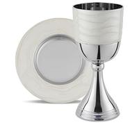 Zion Judaica - Lujoso juego de tazas Kidush en una caja de regalo, esmalte blanco chapado en níquel pulido, elegante copa de vino de 5.75 pulgadas con bandeja a juego, impresionante decoración para