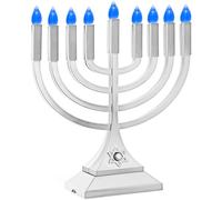 Zion Judaica - Menorá LED Hanukkah de 9 Pulgadas, Color Plateado, Alimentado por baterías o Incluido Cable USB C de 3 pies, sin Llama, portavelas de Janucá, Bombillas eléctricas de Minorá, Luces