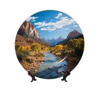 Zion National Park - Platos decorativos de cerámica de porcelana china con soporte de exhibición hecho a mano, adorno de cerámica con personalidad, plato de cena de porcelana, manualidades para