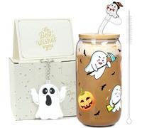 ZIOSINM Halloween Vaso con Pajita, 500ml Vaso Cristal con Tapa y Pajita, Calabazas y Fantasmas Vasos Matcha, Halloween Regalos Originales para Mujer (Fantasma calabaza)