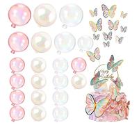 ZIOYA Bolas Decorativas para Tartas 24 Pieza Bolas para Decorar Tortastopper Tarta Cumpleaños para Cupcakes Bolas Transparentes de Colores, 10 Unidades de Mariposas y 1 Tarjeta de Cumpleaños