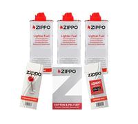 Zippo - 3 piezas de gasolina Zippo de 125 ml + 1 mecha + 6 piedras + algodón y fieltro