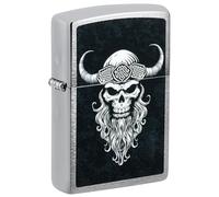 Zippo Encendedor a Prueba de Viento - Diseño Calavera de Guerrero Vikingo - Cromo Cepillado - Recargable - Reutilizable - Caja de Regalo Incluida - Hecho en EEUU