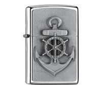 Zippo Encendedor a Prueba de Viento - Diseño de Ancla - Acabado Cromo Pulido, Emblema - Recargable - Reutilizable - Diseño a Prueba de Viento - Caja de Regalo - Hecho en EEUU