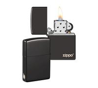 Zippo Encendedor a Prueba de Viento - Diseño de Logo y Llama - Acabado Negro Brillante - Recargable - Reutilizable - Caja de Regalo Hecho en EEUU - Exclusivo de Amazon