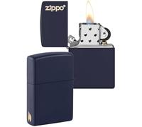 Zippo Encendedor a Prueba de Viento - Diseño de Logo y Llama - Azul Marino Mate - Recargable - Reutilizable - Diseño a Prueba de Viento - Caja de Regalo Hecho en EEUU - Exclusivo en Amazon