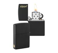 ZIPPO - Logotipo de Zippo y diseño de Llama - Black Matte - Laser Engrave - Mechero, rellenable, en una Caja de Regalo de halta Calidad