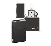 Zippo Encendedor a Prueba de Viento - Diseño de Logo y Llama - Negro Pulido Alto - Recargable - Reutilizable - Diseño a Prueba de Viento - Caja de Regalo Hecho en EEUU - Exclusivo en Amazon