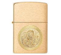Zippo Encendedor a Prueba de Viento - Emblema Leo, Zodiaco - Acabado en Latón Cepillado - Recargable - Reutilizable - Caja de Regalo Hecho en EEUU - Exclusivo de Amazon