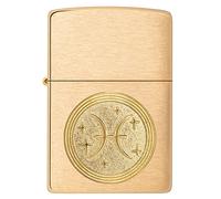Zippo Encendedor a Prueba de Viento - Emblema Piscis, Zodiaco - Acabado en Latón Cepillado - Recargable - Reutilizable - Caja de Regalo Hecho en EEUU - Exclusivo de Amazon