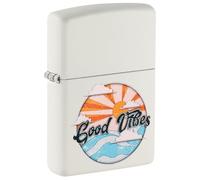 Zippo Encendedor a Prueba de Viento - Modelo Good Vibes - Acabado Blanco Mate con Color Image - Recargable - Reutilizable - Diseño a Prueba de Viento - Caja de Regalo - Hecho en EEUU