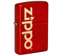 Zippo Encendedor a Prueba de Viento - Modelo Logo con Acabado Rojo Metálico y Grabado Láser - Recargable - Reutilizable - Diseño a Prueba de Viento - Caja de Regalo - Hecho en EEUU