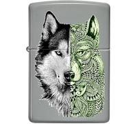 Zippo Tatuaje de Lobo, Imagen de Color - Gris Llano - Encendedor tormeta, Recargable, en una Caja para Regalo, Flat Grey - Wolf