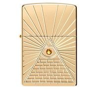 Zippo Encendedor a Prueba de Viento - Ojo de la Providencia - Acabado Armor Pulido Alto en Latón - Dorado, Grabado Profundo y Cristal - Recargable - Reutilizable - Hecho en EEUU
