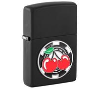 Zippo Encendedor a Prueba de Viento - Poker Chip with Cherries - Mate Negro, Emblema - Recargable - Reutilizable - Caja de Regalo Incluida - Hecho en EEUU
