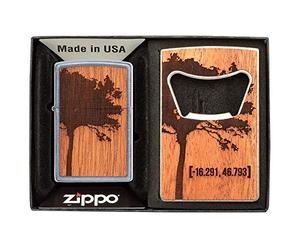 ZIPPO Encendedor Resistente al Viento, Juego de Regalo, Woodchuck LTR y abridor de Botellas, Emblema Adjunto, Street Chrome™, Recargable, en Caja de Regalo