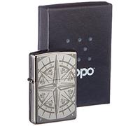 Zippo - Encendedor de tormenta con diseño de Rosa de los Vientos, Hielo Negro, Grabado láser/automático, Recargable, Reutilizable, Resistente al Viento, Caja de Regalo, Fabricado en Estados Unidos