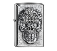 Zippo - Mechero de Calavera, Cromo Satinado, con Emblema, Recargable, Reutilizable, diseño Resistente al Viento, Caja de Regalo, Fabricado en Estados Unidos