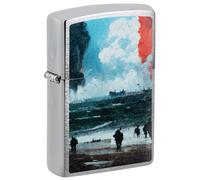 Zippo - Mechero de desembarco del día D, Cromo Pulido, Imagen a Color, Recargable, Reutilizable, diseño Resistente al Viento, Caja de Regalo, Fabricado en Estados Unidos