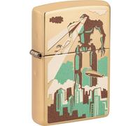 Zippo - Mechero de latón pulido con robot en la ciudad (dorado)
