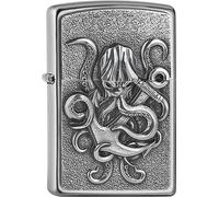 Zippo - Mechero de Pulpo, Cromo Satinado, con Emblema, Recargable, Reutilizable, diseño Resistente al Viento, Caja de Regalo, Fabricado en Estados Unidos