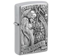 Zippo - Mechero de Reaper Game Over 3D, cromo pulido, con emblema, recargable, reutilizable, diseño resistente al viento, caja de regalo, fabricado en Estados Unidos