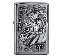 Zippo - Mechero de Signo del Zodiaco de Aries, Cromo Cepillado, con Emblema, Recargable, Reutilizable, diseño Resistente al Viento, Caja de Regalo, Fabricado en Estados Unidos