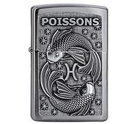 Zippo - Mechero de Signo del Zodiaco de Piscis, Cromo Cepillado, con Emblema, Recargable, Reutilizable, diseño Resistente al Viento, Caja de Regalo, Fabricado en Estados Unidos