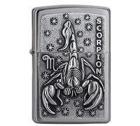 Zippo - Mechero de Signo del Zodiaco Escorpio, Cromo Cepillado, con Emblema, Recargable, Reutilizable, diseño Resistente al Viento, Caja de Regalo, Fabricado en Estados Unidos