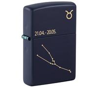 Zippo Mechero, Signo Tauro del Zodiaco, Azul Marino Mate, Grabado láser, Recargable, Reutilizable, diseño Resistente al Viento, Caja de Regalo, Fabricado en Estados Unidos