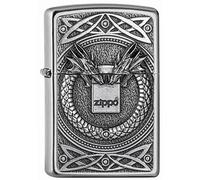 Zippo Sturmfeuerzeug - Dragons with Zippo, Satin Chrome, Emblem - Nachfüllbar - Wiederverwendbar - Windfestes Design - Geschenkbox - Made in USA