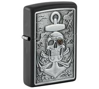 Zippo Sturmfeuerzeug - Emblem Skull with Anchor, Black Matte, Emblem - Nachfüllbar - Wiederverwendbar - Windfestes Design - Geschenkbox - Made in USA