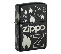 Zippo Sturmfeuerzeug - Flame Logo, Black Matte with Chrome, Laser 360° - Nachfüllbar - Wiederverwendbar - Windfestes Design - Geschenkbox - Made in USA