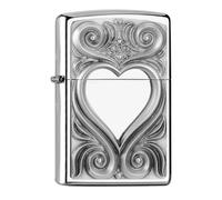Zippo Sturmfeuerzeug - Heart Antique, High Polish Chrome, Emblem - Nachfüllbar - Wiederverwendbar - Windfestes Design - Geschenkbox - Made in USA