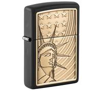 Zippo Sturmfeuerzeug - Liberty & Flag, Black Matte, Emblem - Nachfüllbar - Wiederverwendbar - Windfestes Design - Geschenkbox - Made in USA