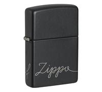 Zippo Sturmfeuerzeug - Logo Script Lettering, Black Matte with Chrome, Laser 360° - Nachfüllbar - Wiederverwendbar - Windfestes Design - Geschenkbox - Made in USA