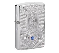 Zippo Sturmfeuerzeug - Medieval, High Polish Chrome, Deep Carve-Crystal Attached - Nachfüllbar - Wiederverwendbar - Windfestes Design - Geschenkbox - Made in USA
