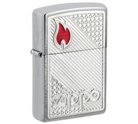Zippo Sturmfeuerzeug - Red Logo Tiles Pattern, Brushed Chrome, Emblem - Nachfüllbar - Wiederverwendbar - Windfestes Design - Geschenkbox - Made in USA