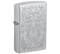 Zippo Sturmfeuerzeug - Skull, Satin Chrome, Auto Engrave - Nachfüllbar - Wiederverwendbar - Windfestes Design - Geschenkbox - Made in USA