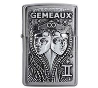 Zippo Sturmfeuerzeug - Zodiac - Gemeaux, Brushed Chrome, Emblem - Nachfüllbar - Wiederverwendbar - Windfestes Design - Geschenkbox - Made in USA