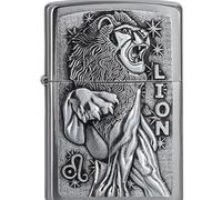 Zippo Sturmfeuerzeug - Zodiac - Lion, Brushed Chrome, Emblem - Nachfüllbar - Wiederverwendbar - Windfestes Design - Geschenkbox - Made in USA