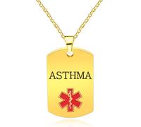 Zircobic Collar Médico Dorado para Asma, Impermeable, Acero Inoxidable con Grabado Láser, Cadena Ajustable, Hipoalergénico, Unisex para Uso Diario
