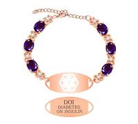 Zircobic "DIABETES CON INSULINA Pulsera ID - Detalles de Zirconia Púrpura, Cadena Ajustable de Oro Rosa, Resistente al Agua y Cómoda para Correr, Caminar o Uso Diario