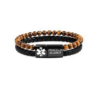 Zircobic pulsera alergia penicilina - Cuero PU impermeable y ojo de tigre, placa negra grabada con láser, cómoda para viajes y gimnasio