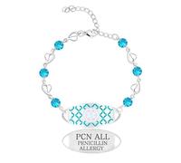 Zircobic Pulsera de Alerta Médica Alergia a Penicilina Ligera & Cómoda - Cadena Corazón Circonio Azul Redondo, Acero Inoxidable Grabado, Joya ID Emergencia Femenina, Regalo para Familia & Amigos