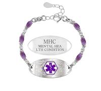 Zircobic Pulsera de alerta médica con circonia púrpura con placa grabada MENTAL HEALTH CONDITION, acero inoxidable impermeable, ligera y cómoda para uso diario y trabajo